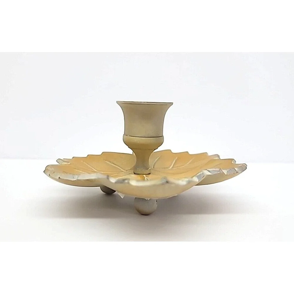 Tan Painted Brass Maple Leaf Single Candlestick Holder 5.5